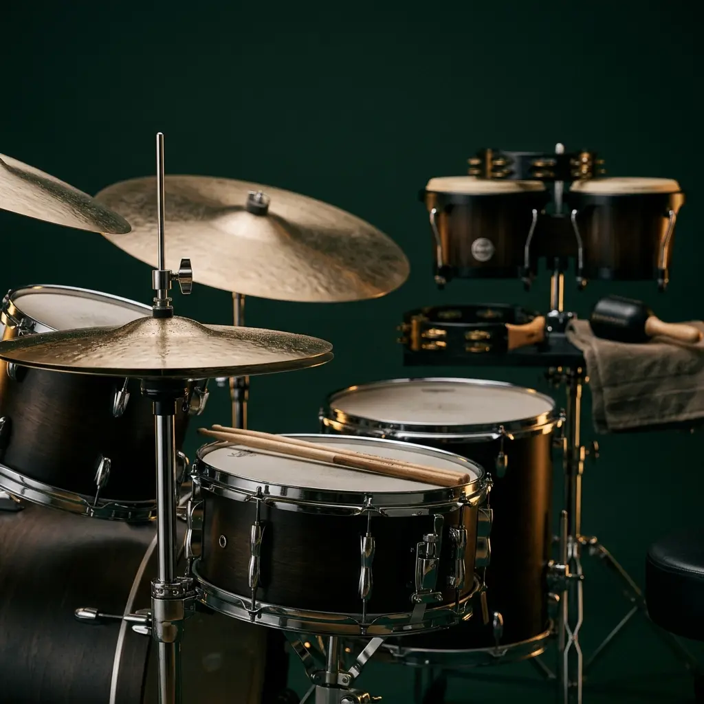 Bateria acústica montada na sala de aula da Fermata