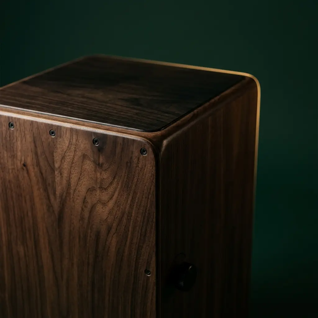 Cajón de madeira posicionado na sala de percussão da escola