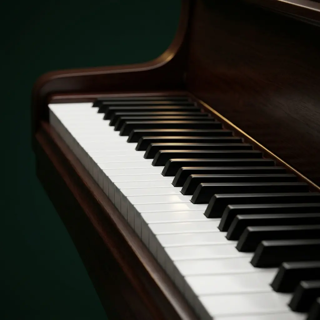 Mãos de uma aluna sobre as teclas de um piano durante a aula
