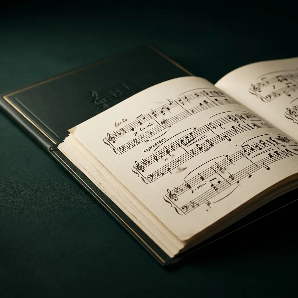 Caderno de partitura aberto com anotações de harmonia sobre a mesa