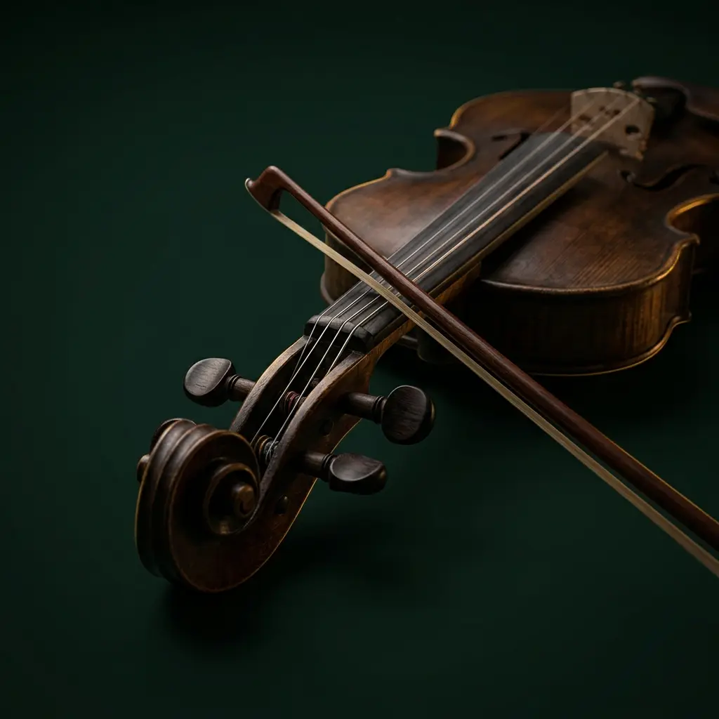 Violino apoiado ao lado do arco sobre a estante de partitura
